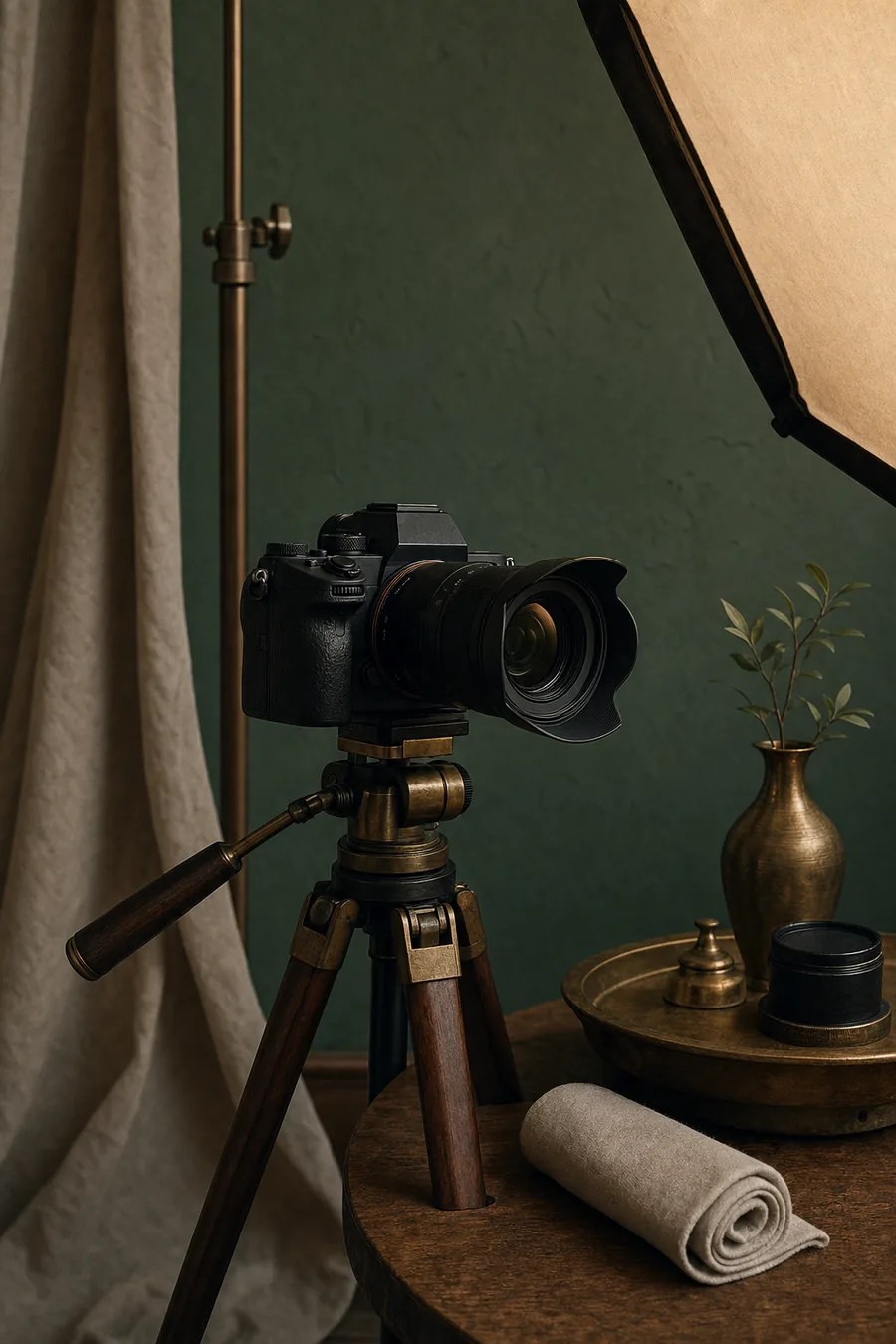 Camera body, lens, and notebook staged for a content shoot
