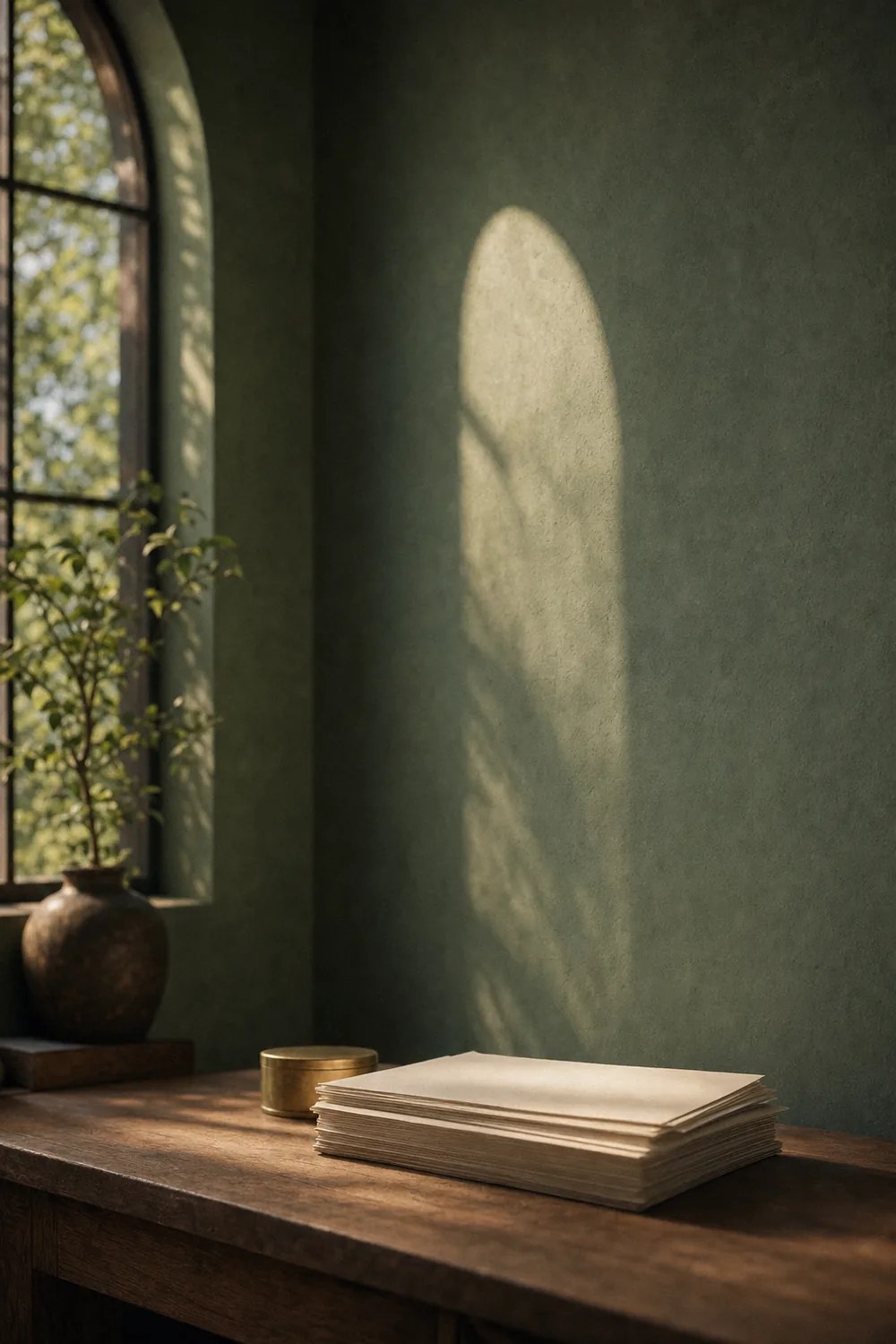 Arched studio window casting light across a worktable stacked with cream paper stock