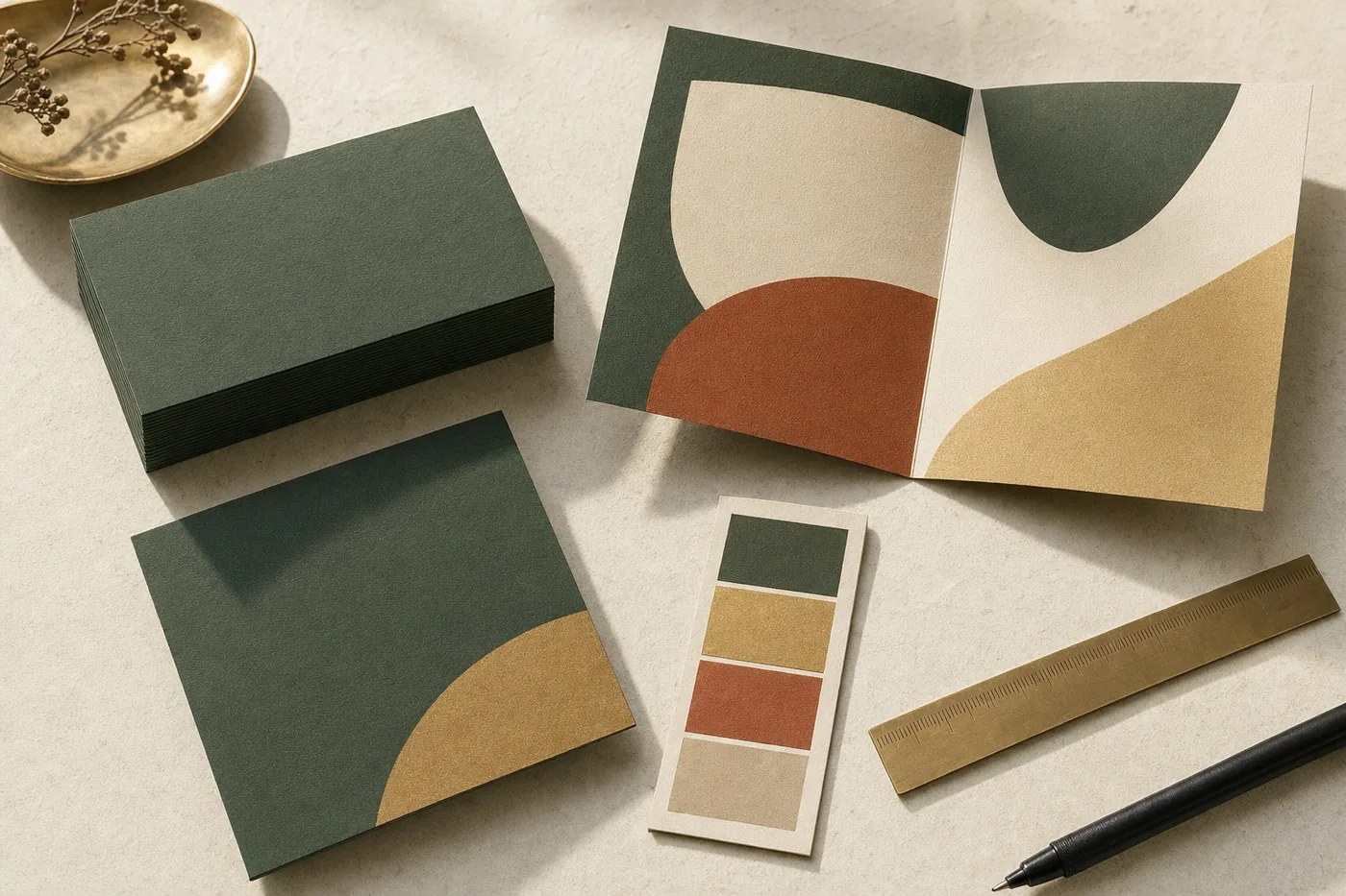 Flat lay of printed brand collateral, business cards, and a brochure in sage and gold