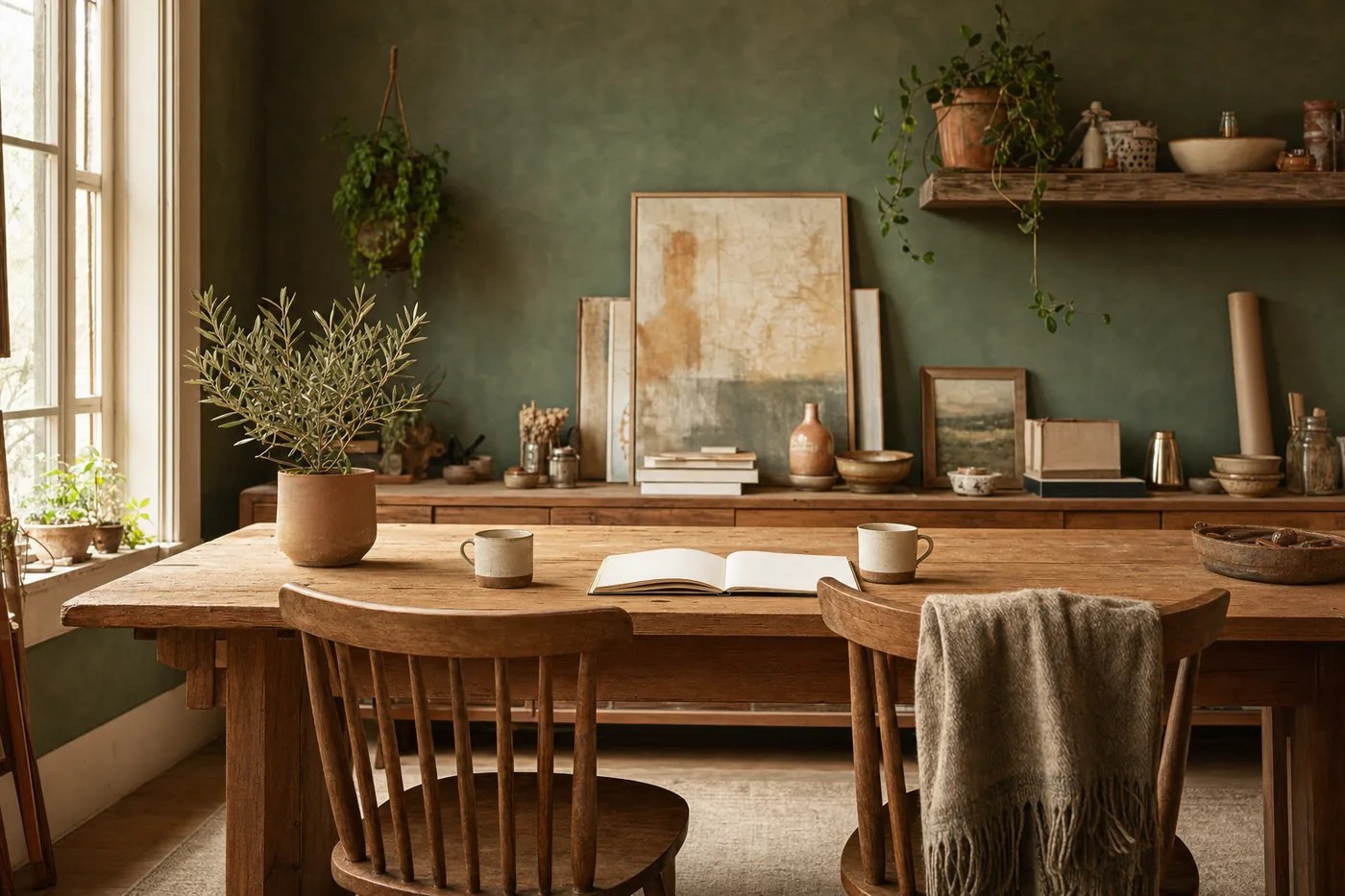 Studio worktable with notebooks, swatches, and a warm lamp